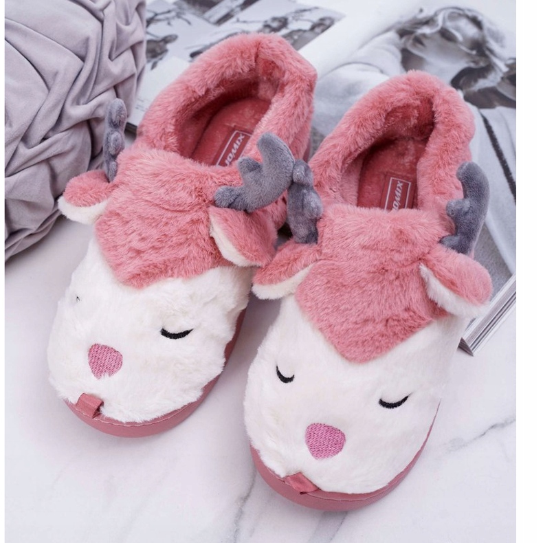 BUGO Women's Slippers With Fur And Reindeer Dark Pink Reindeer 1