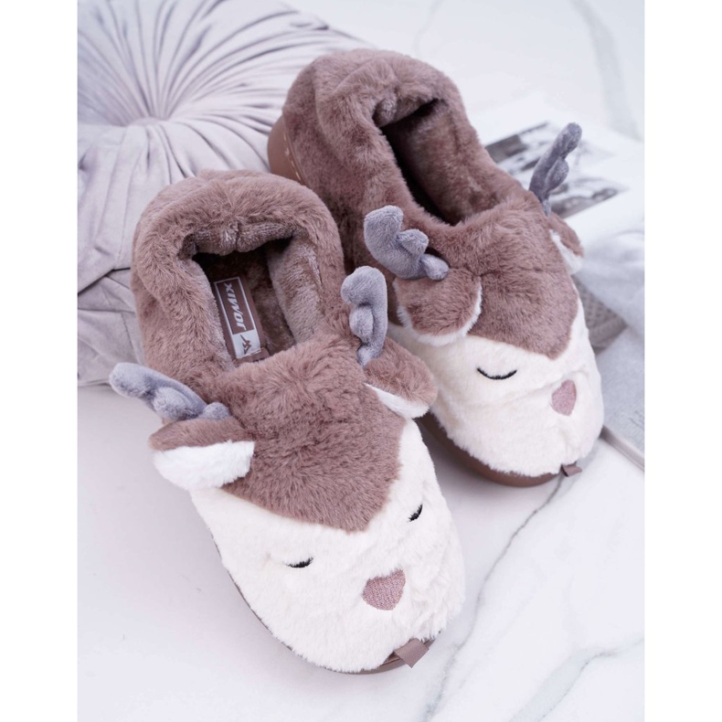 BUGO Women's Slippers With Fur Brown Reindeer Reindeer 1