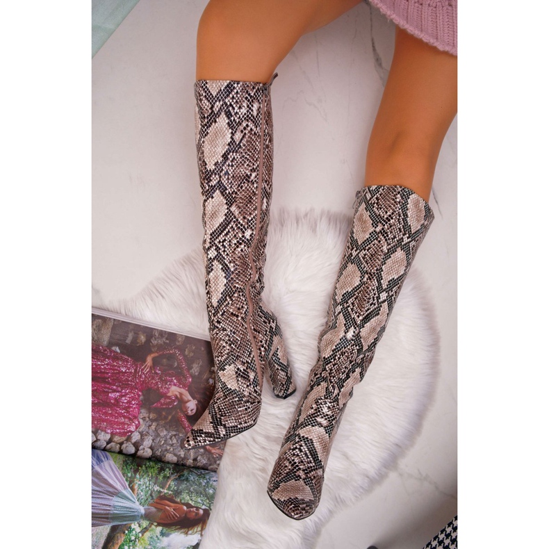 FRGIV Women's Boots On High Heel Snake Skin Beige Brouny 1
