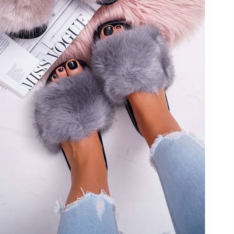 Women's Slippers with Fur Gray and Black 1