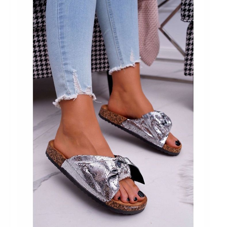 PS1 Women's Slippers with Silver Metallic Bow grey 2