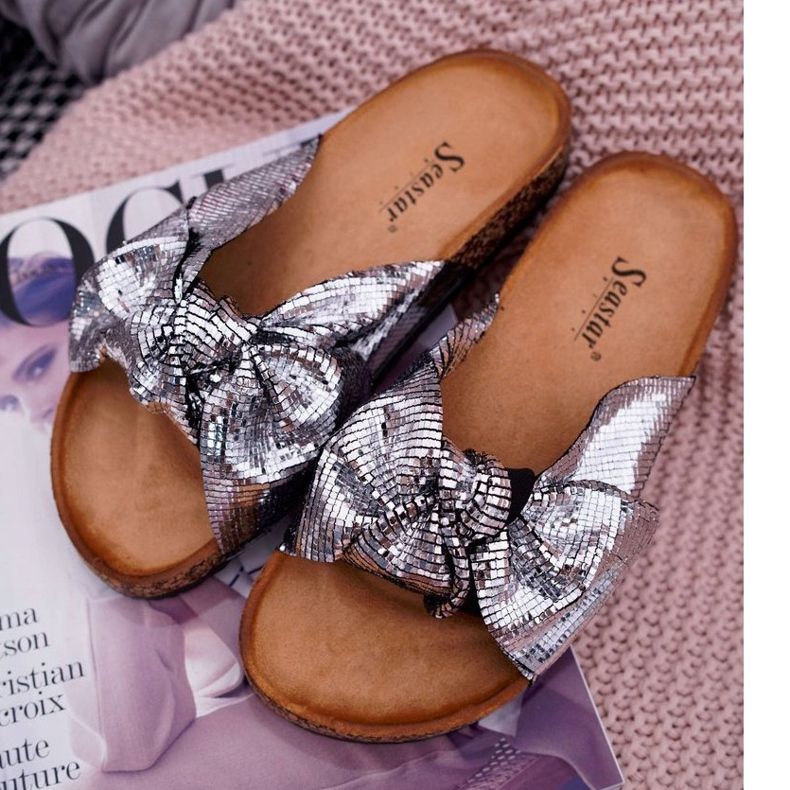 PS1 Women's Slippers with Silver Metallic Bow grey 1