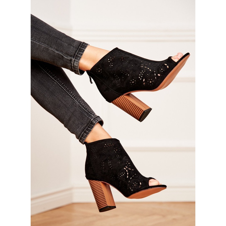 SEA Women's Boots On Heel Suede Openwork Black Papillon 1