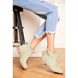 SEA Women's Boots Flat Heel Suede Openwork Green Raffe 1