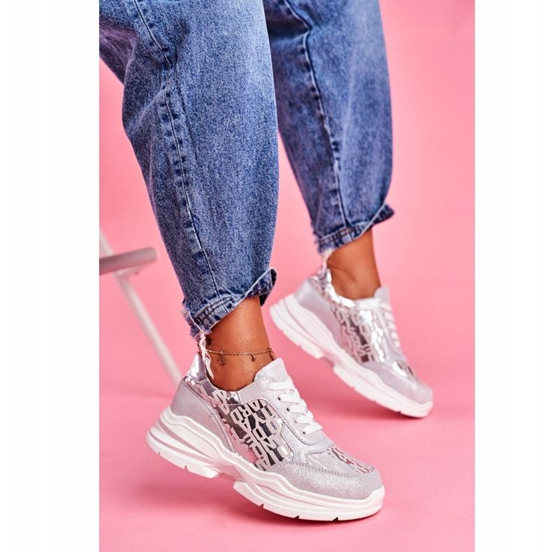 S.Barski Women's Sport Shoes Leather Silver Sneakers Palm Bay grey 2