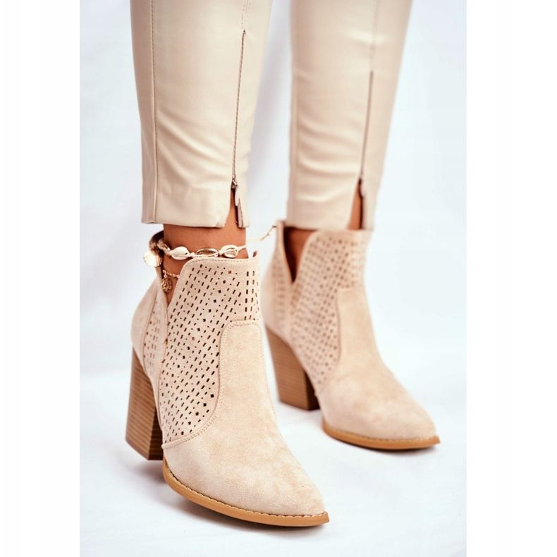 MSMG Women's Boots On Heel Suede Openwork Light Beige Shades 2