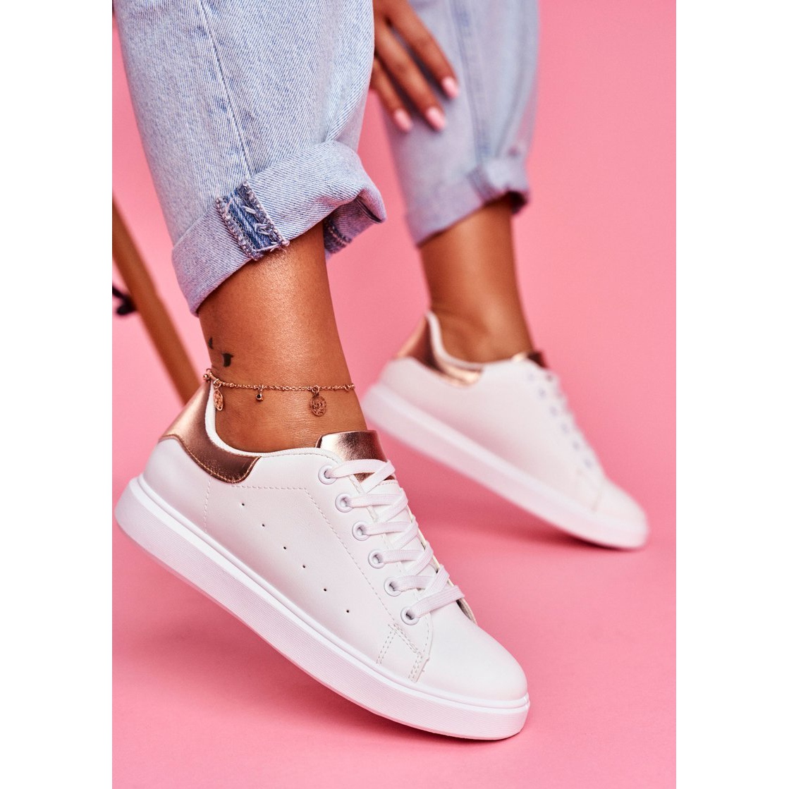 White Women's Sports Shoes with Champagne Milly Sea Heel Pink