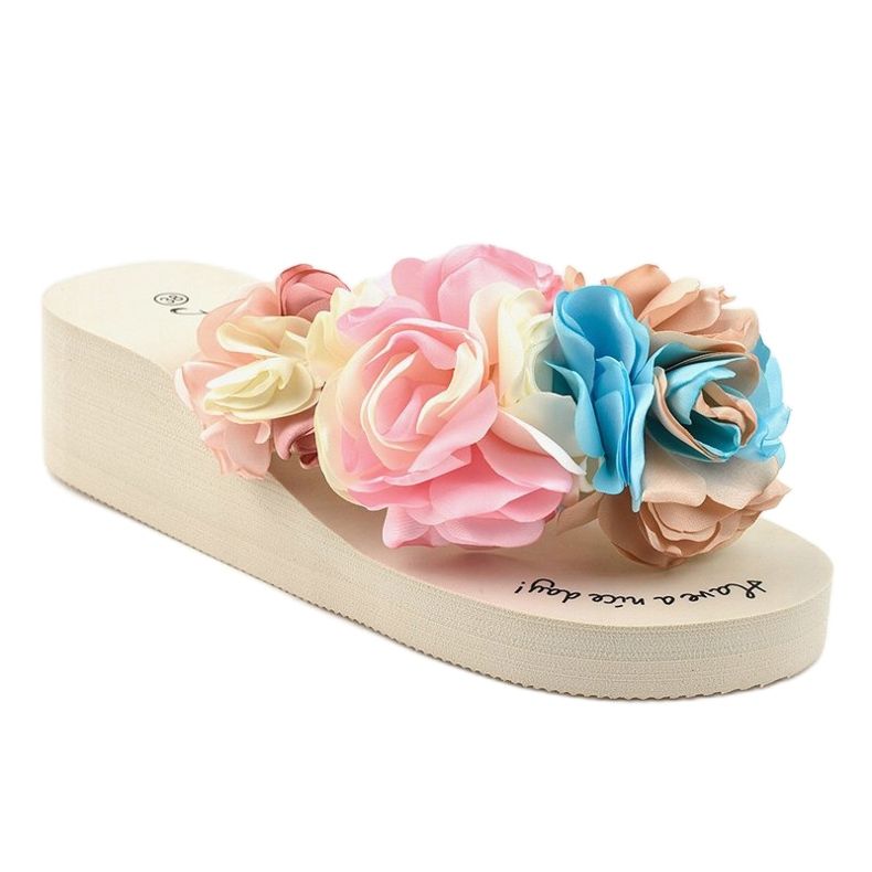Beige wedge heels with flowers N-31 multicolored 2