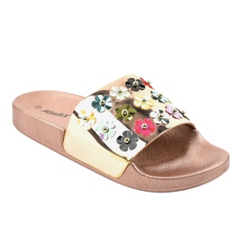 Rose Gold slippers with flowers D7659-2 pink yellow 1