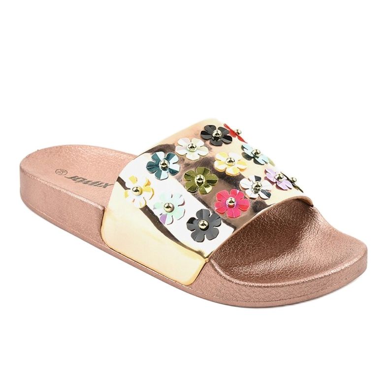 Rose Gold slippers with flowers D7659-2 pink yellow 1