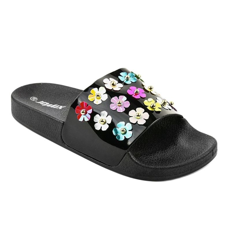 Black slippers with flowers D7659-1 1