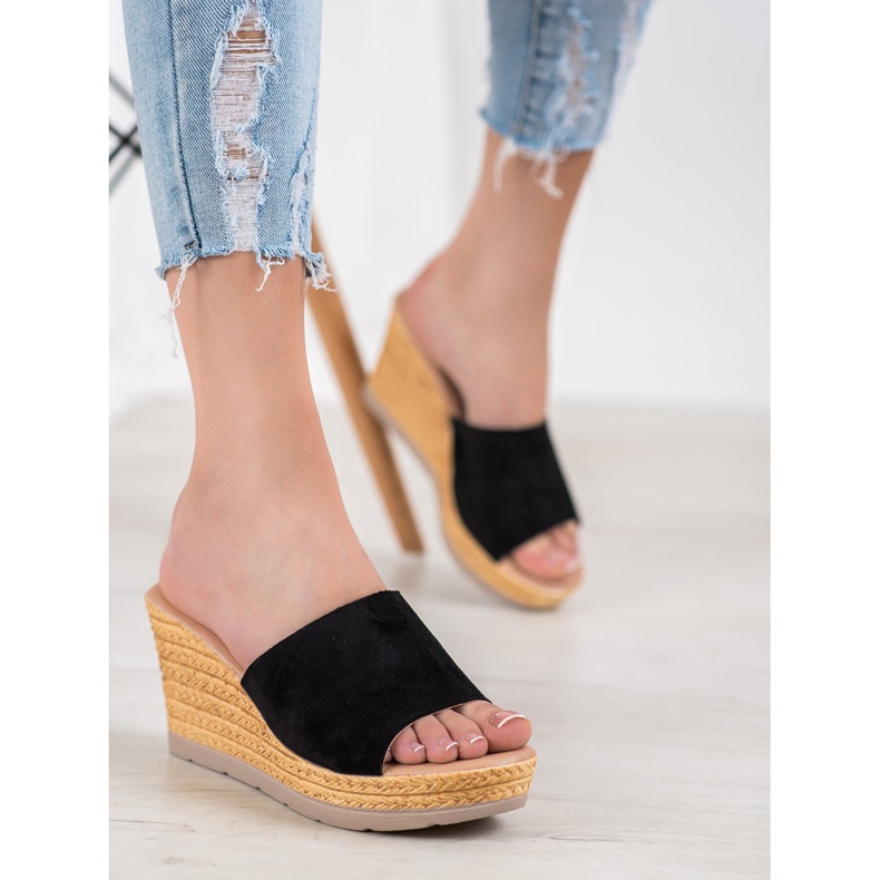 SHELOVET Suede Wedge Sandals black 1