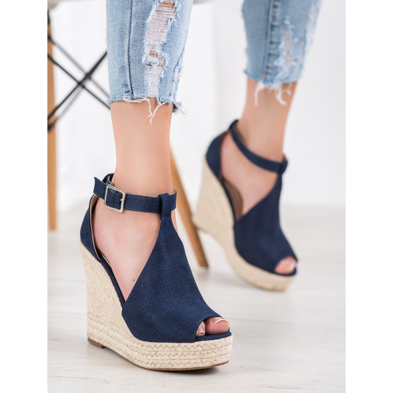 SHELOVET Openwork wedge sandals blue 1