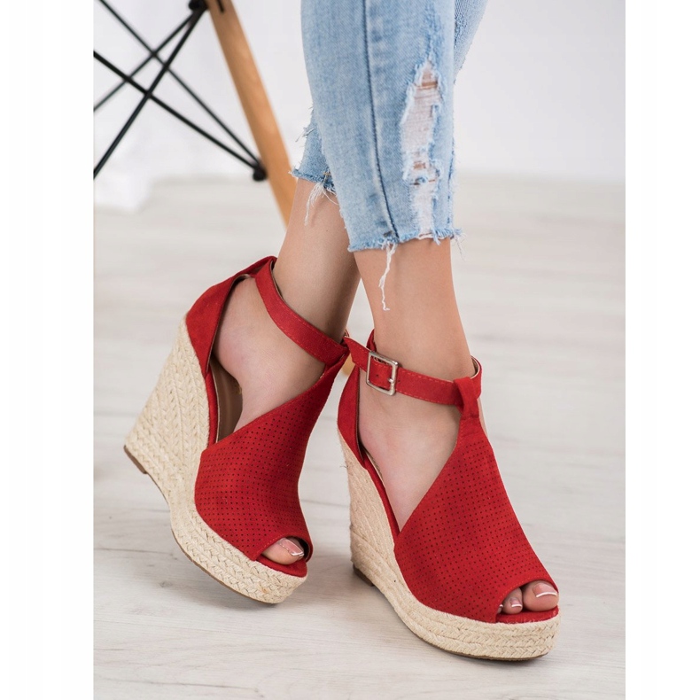 SHELOVET Openwork wedge sandals red 1