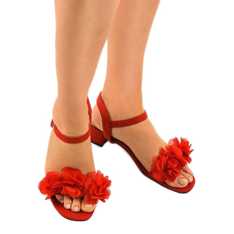 Red high heel sandals with flowers X8903 1