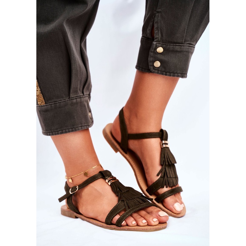 FJ1 Women's Sandals Flat Suede Boho Olive Lucami multicolored green 1