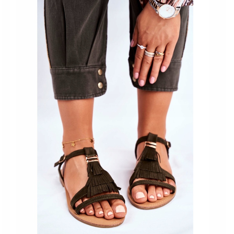 FJ1 Women's Sandals Flat Suede Boho Olive Lucami multicolored green 2