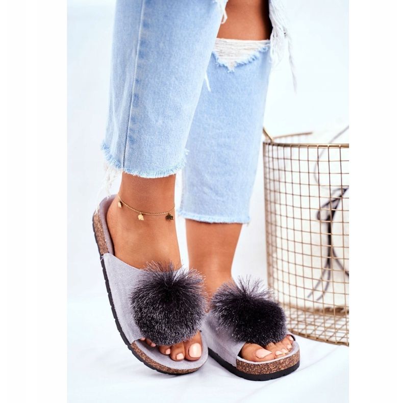 MSMG Women's Gray Slippers On Corks with Pompom Galaxo grey 1
