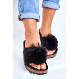MSMG Women's Black Slippers On Cork With Pompom Galaxo 2