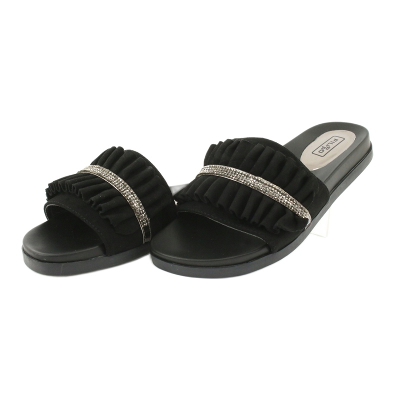 Filippo Black flip flops with frills and zircons 2
