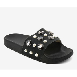 Black slippers with pearls H-6567 1