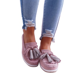 EVE Women's Loafers, Suede Leather With Fringes, Pink Batist 1