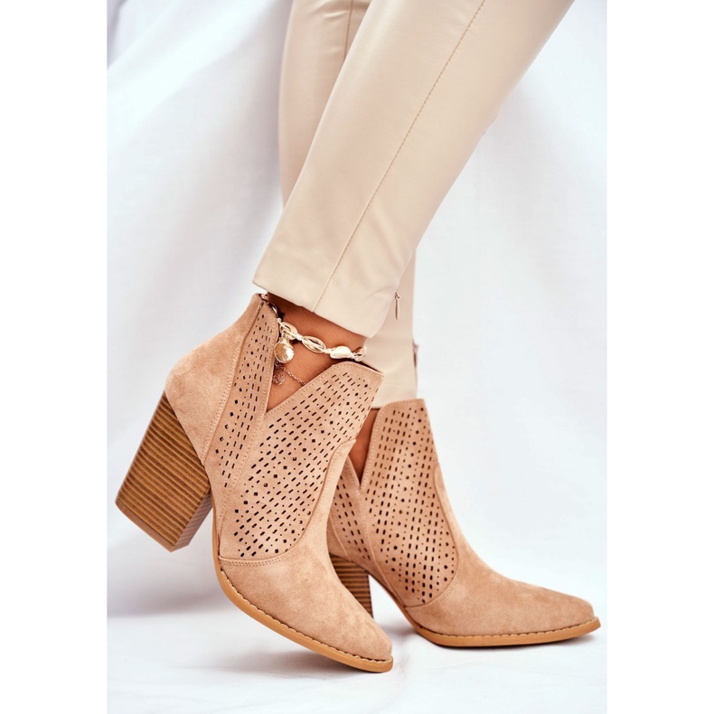 Women's Boots On Heel Suede Openwork Beige Shades 1