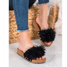 Seastar Black Slippers With Fringes 4