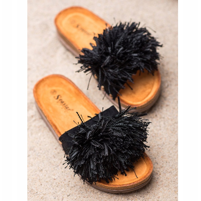 Seastar Black Slippers With Fringes 1