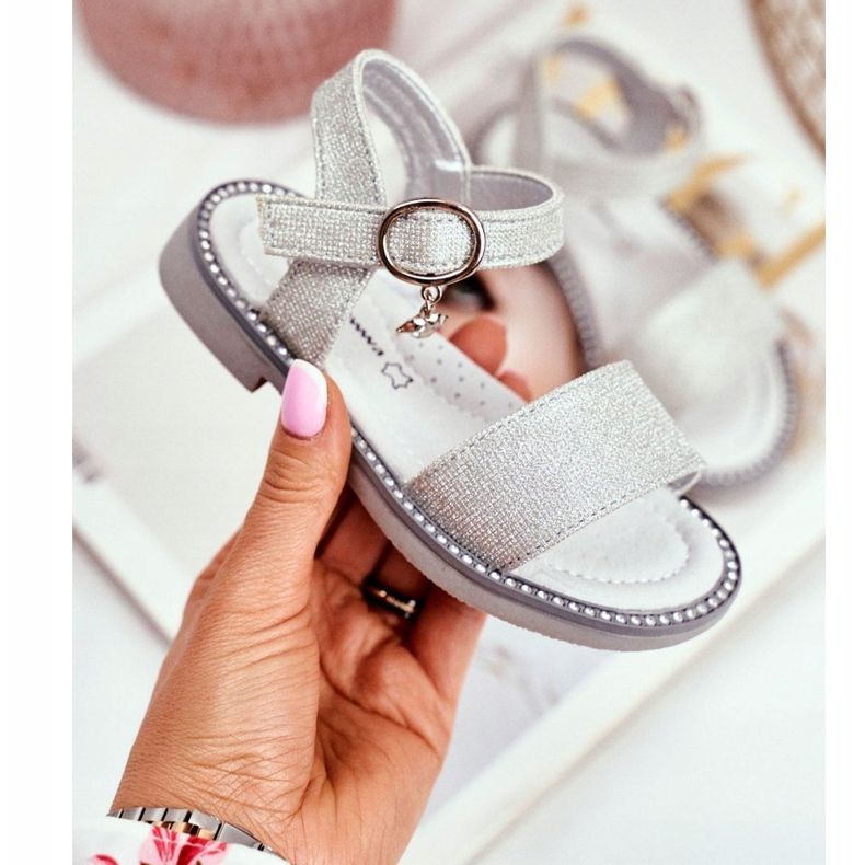 Apawwa Children's Sandals with Velcro Silver Brocade Verden grey 1