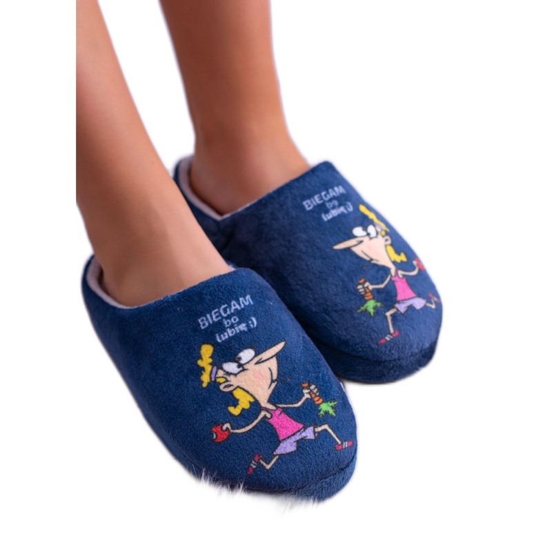 Dreex Plush Women's Navy Blue Slippers I Run Because I Like grey 2