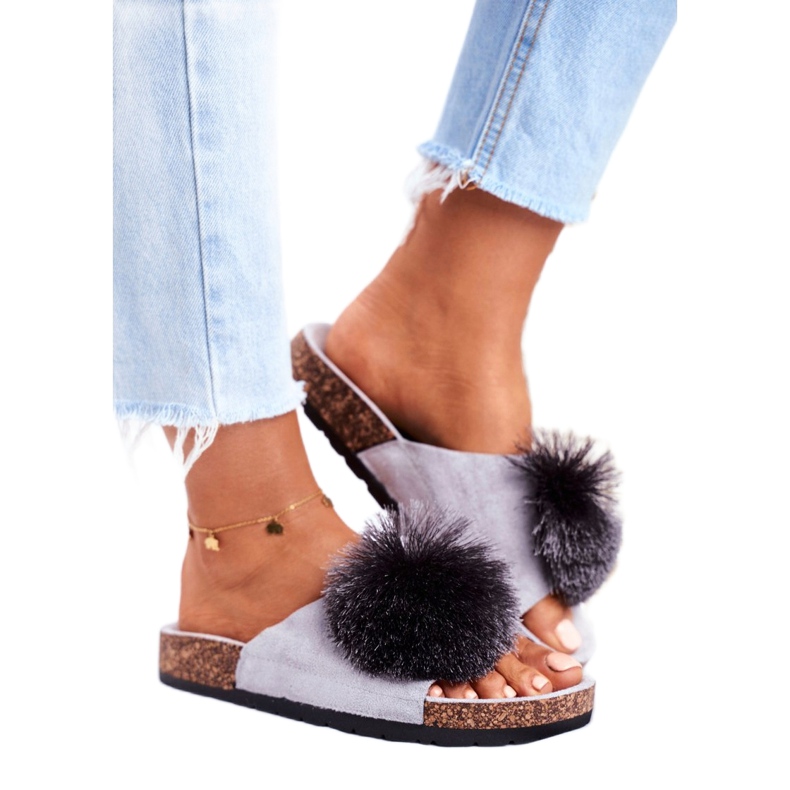 MSMG Women's Gray Slippers On Corks with Pompom Galaxo grey 2
