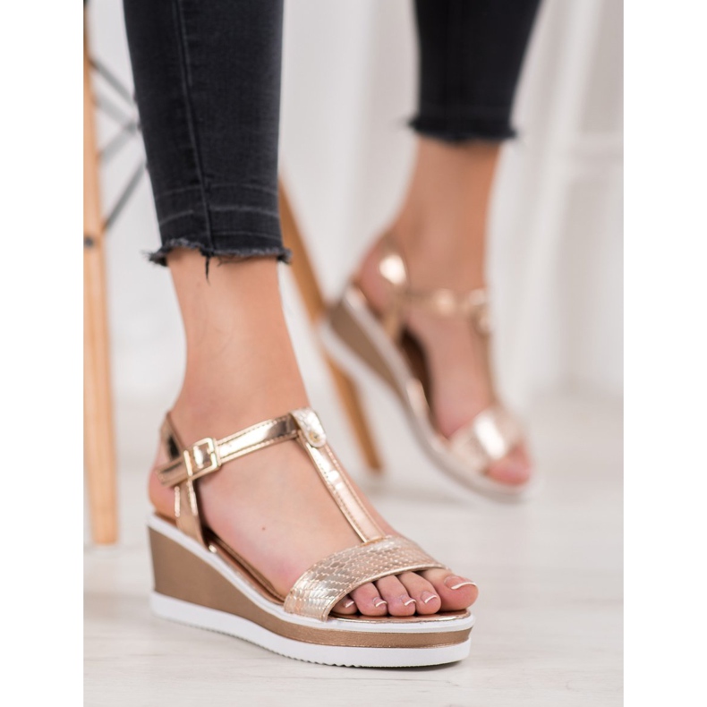 SHELOVET Golden Wedges With Eco Leather 2