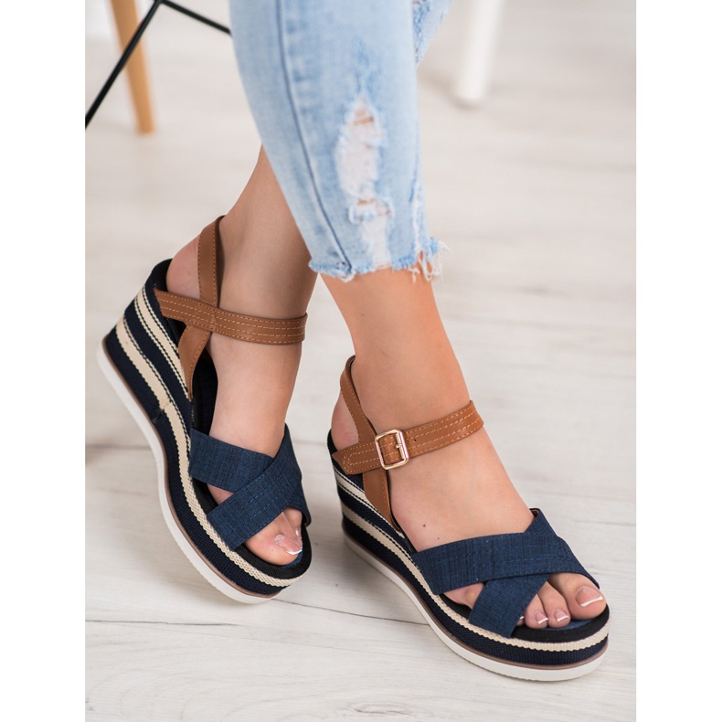 SHELOVET Fashionable navy blue wedges brown 1