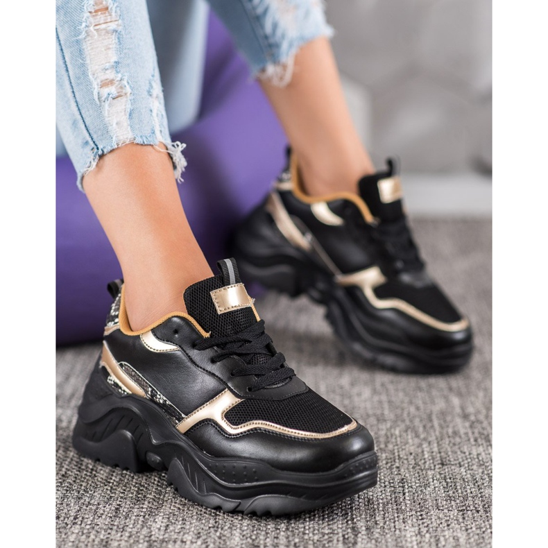 SHELOVET Black Sneakers With Gold Inserts yellow 1