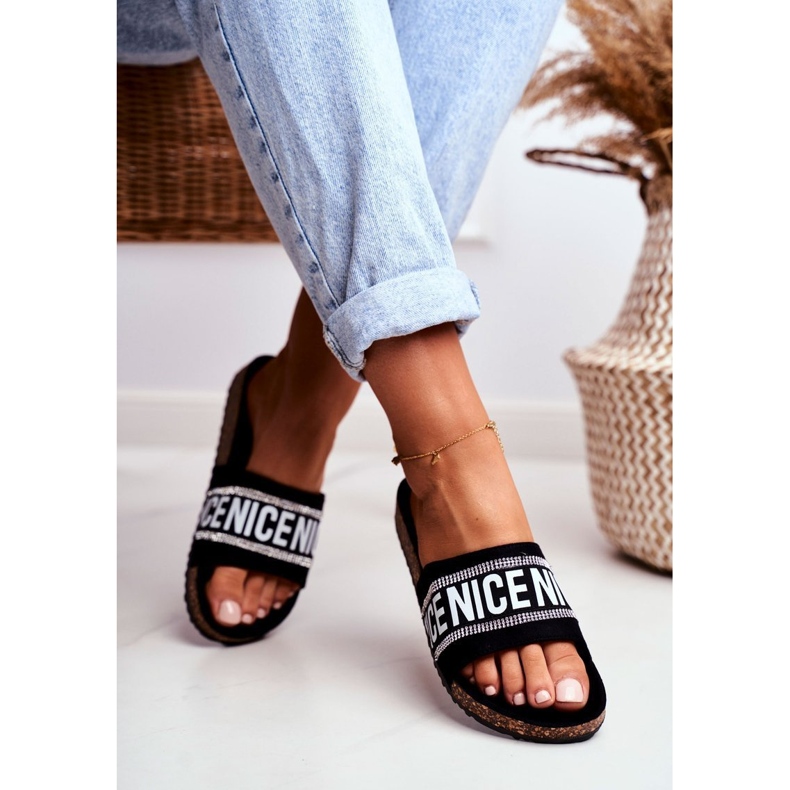 EVE Women's Black Slippers On Cork With BeNice Rhinestones 1