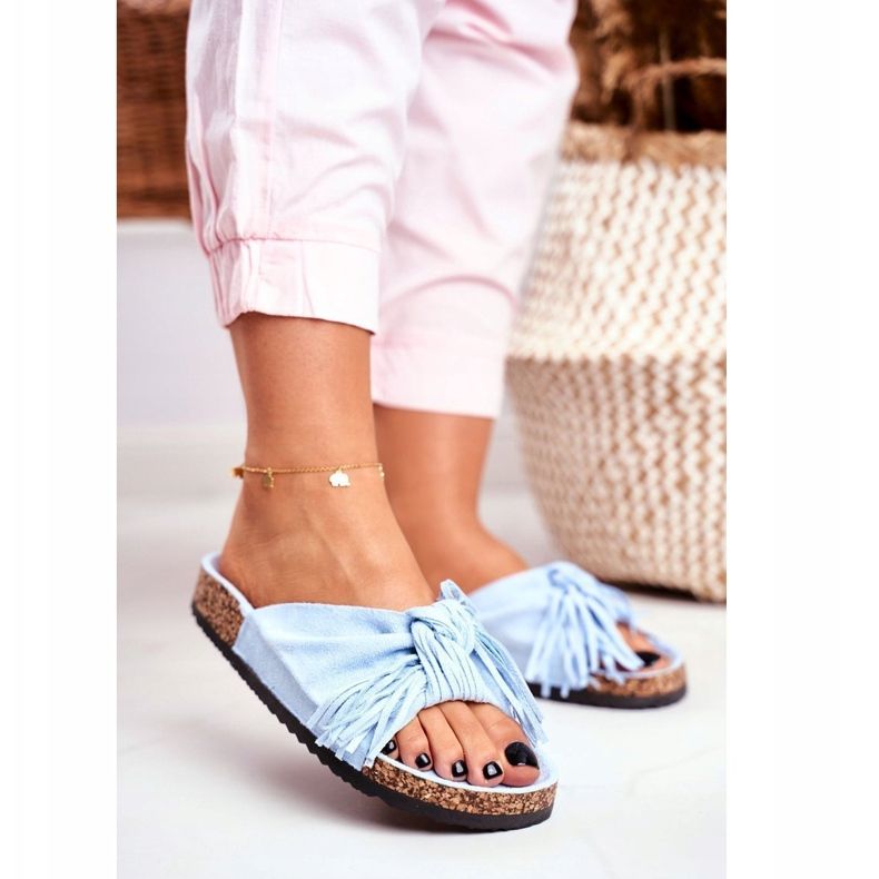 BUGO Women's Blue Slippers On Cork Fringe Marina 2