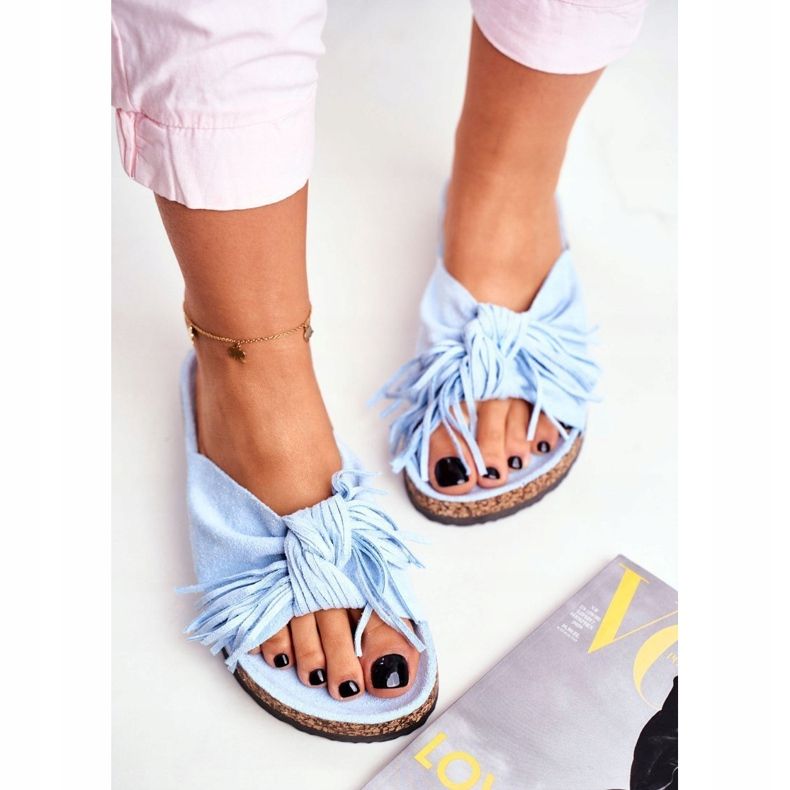 BUGO Women's Blue Slippers On Cork Fringe Marina 1
