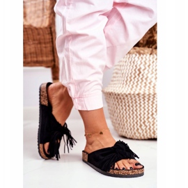 BUGO Women's Black Slippers On The Cork Fringe Marina 2 BUGO Women's Black Slippers On The Cork Fringe Marina 2