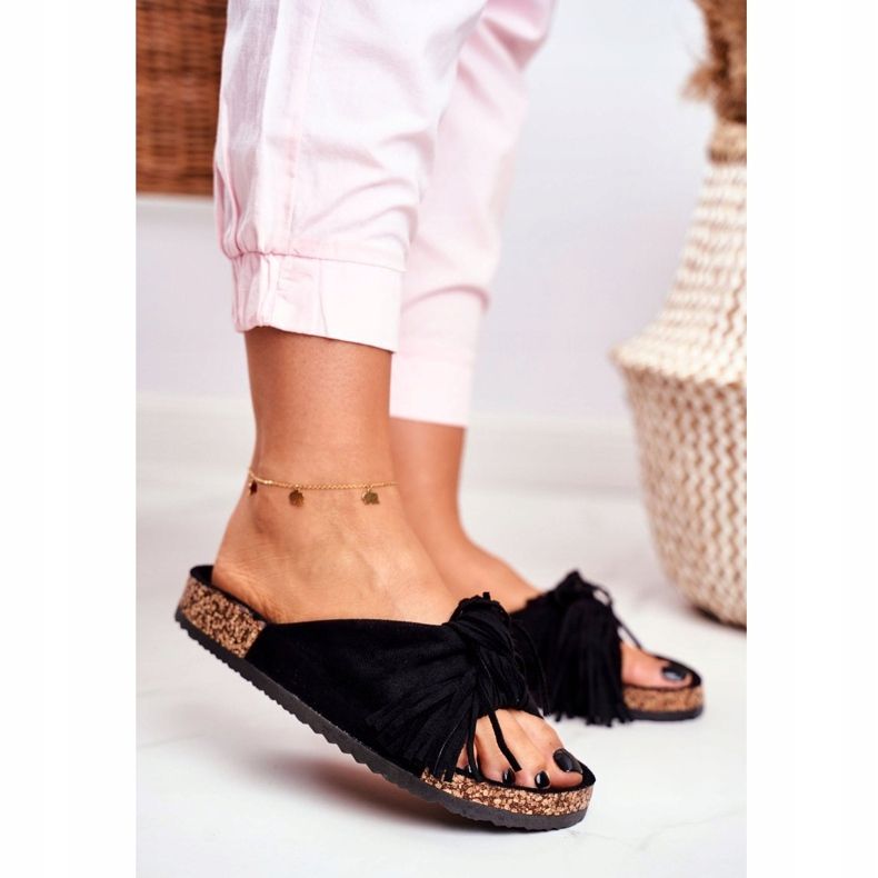 BUGO Women's Black Slippers On The Cork Fringe Marina 1 BUGO Women's Black Slippers On The Cork Fringe Marina 1