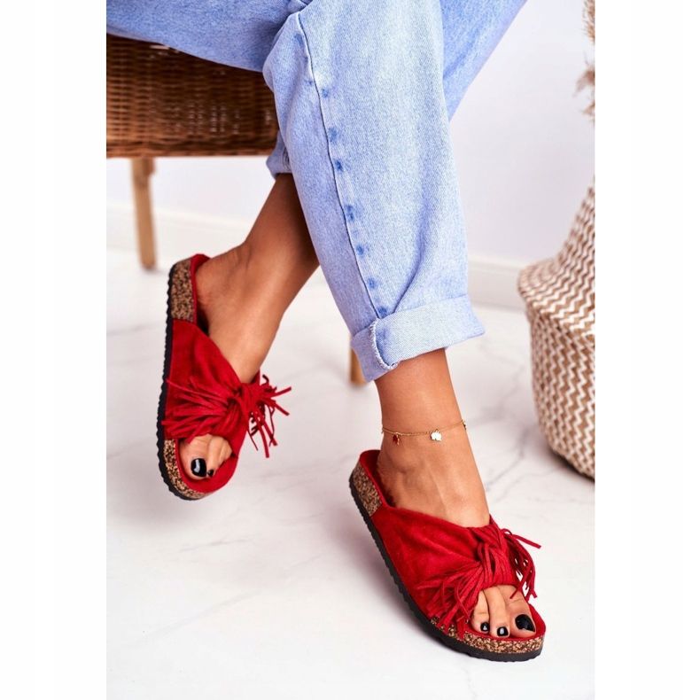 BUGO Women's Red Slippers On The Cork Fringe Marina 1