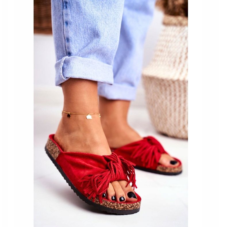 BUGO Women's Red Slippers On The Cork Fringe Marina 2