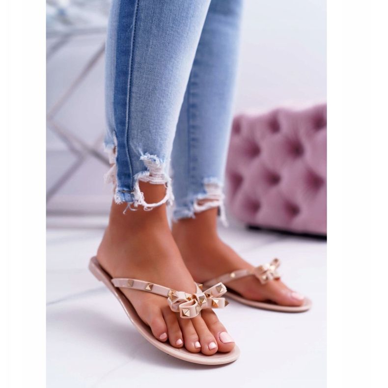 Lu Boo | Beige Rubber Flip Flops with Rocky Studs 1