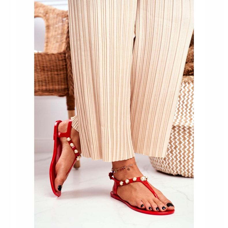 LU BOO Women's Rubber Sandals Red Flip-Flops Pearls Denise 2