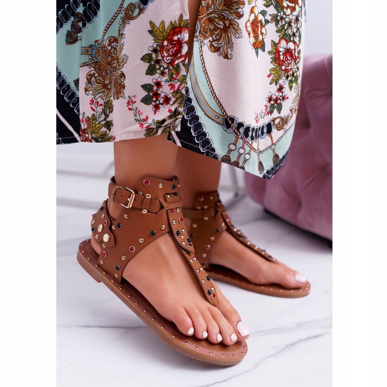Lu Boo | Sandals Flip-flops With Rhinestones Gladiator Ashley Camel brown 1
