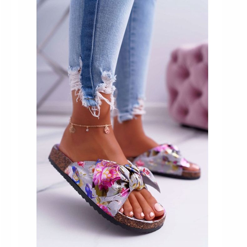 PS1 Women's Gray Slippers On Cork Flowers Wendy's Bow pink grey 2