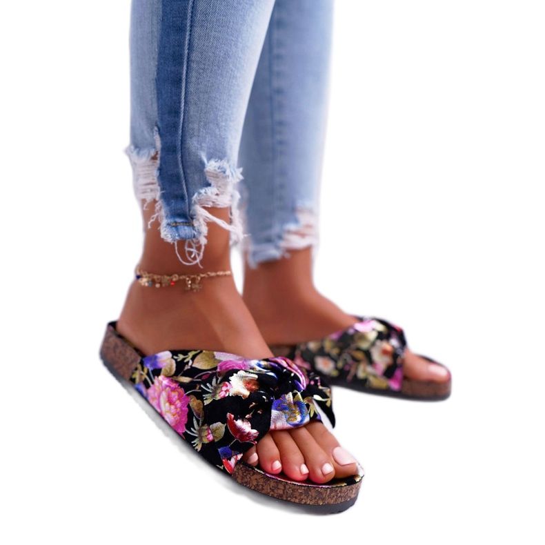 SEA Women's Black Slippers On Cork Flowers Wendy's Bow violet pink golden 1