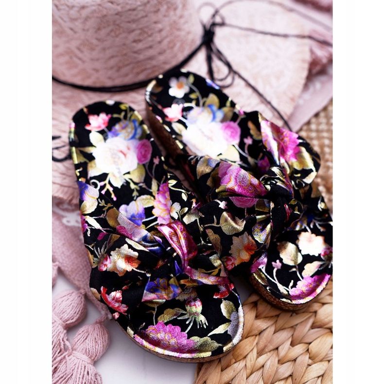 SEA Women's Black Slippers On Cork Flowers Wendy's Bow purple pink golden 3