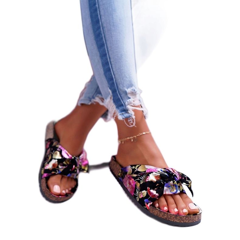 SEA Women's Black Slippers On Cork Flowers Wendy's Bow violet pink golden 2