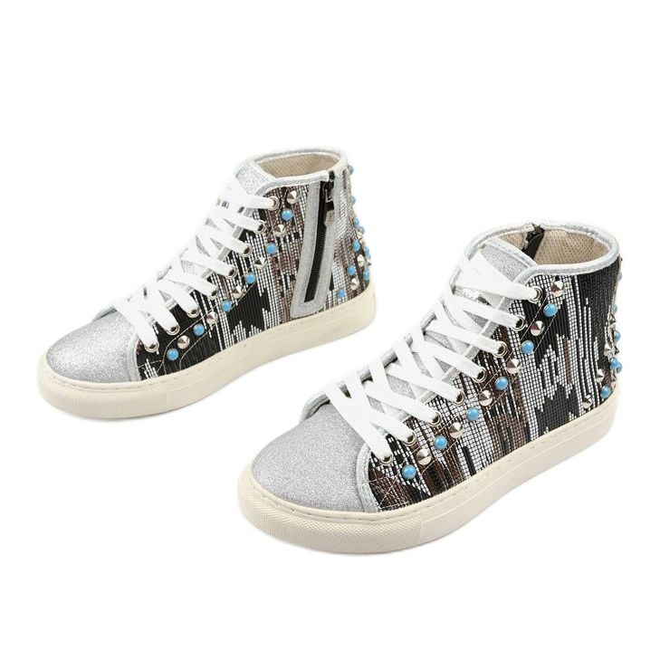 Silver high sneakers richly decorated D17-27027 grey multicolored 2